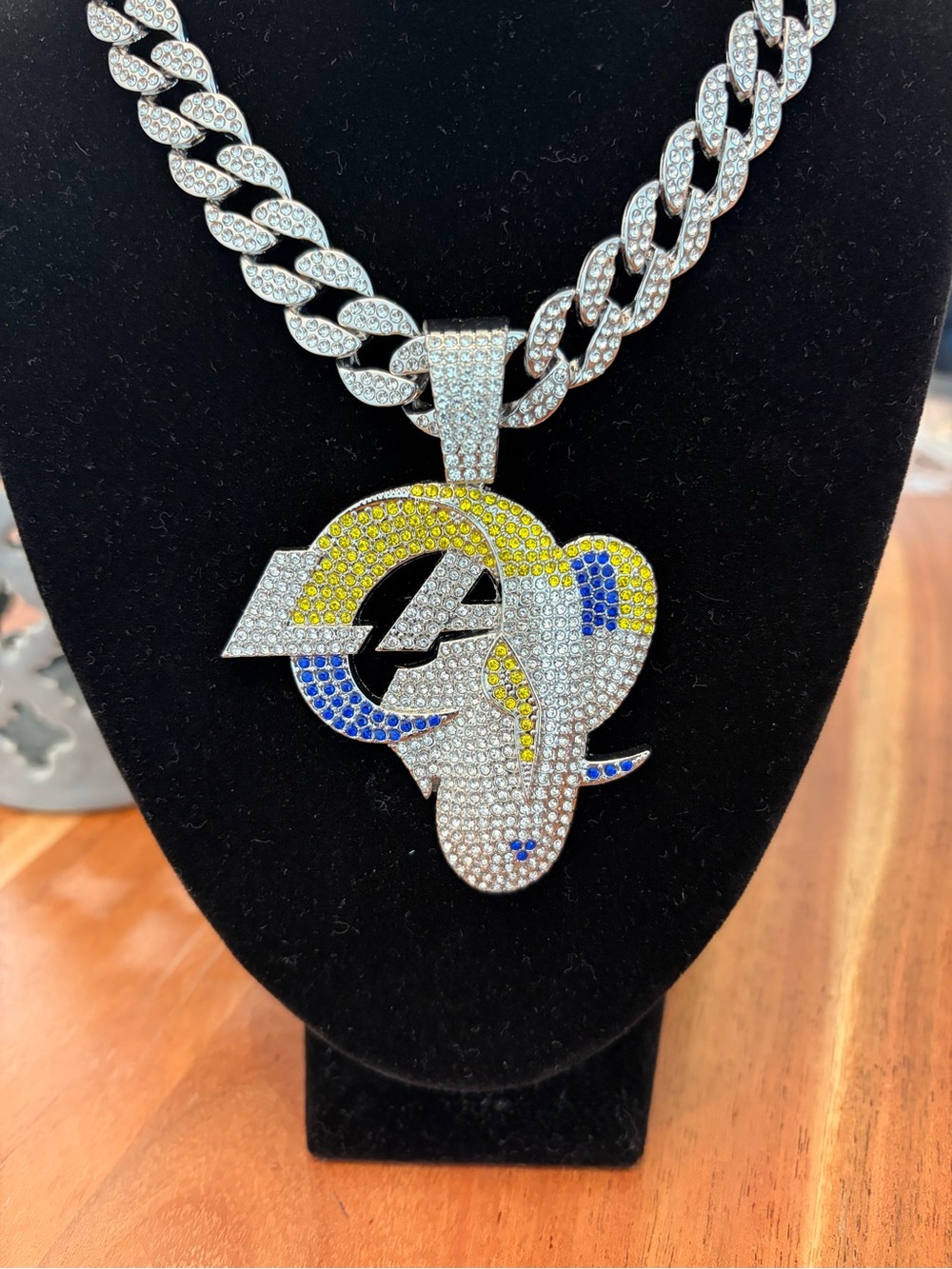 NFL Silver Cuban Chain Necklace with Yellow and Blue Rhinestone LA Rams Pendant